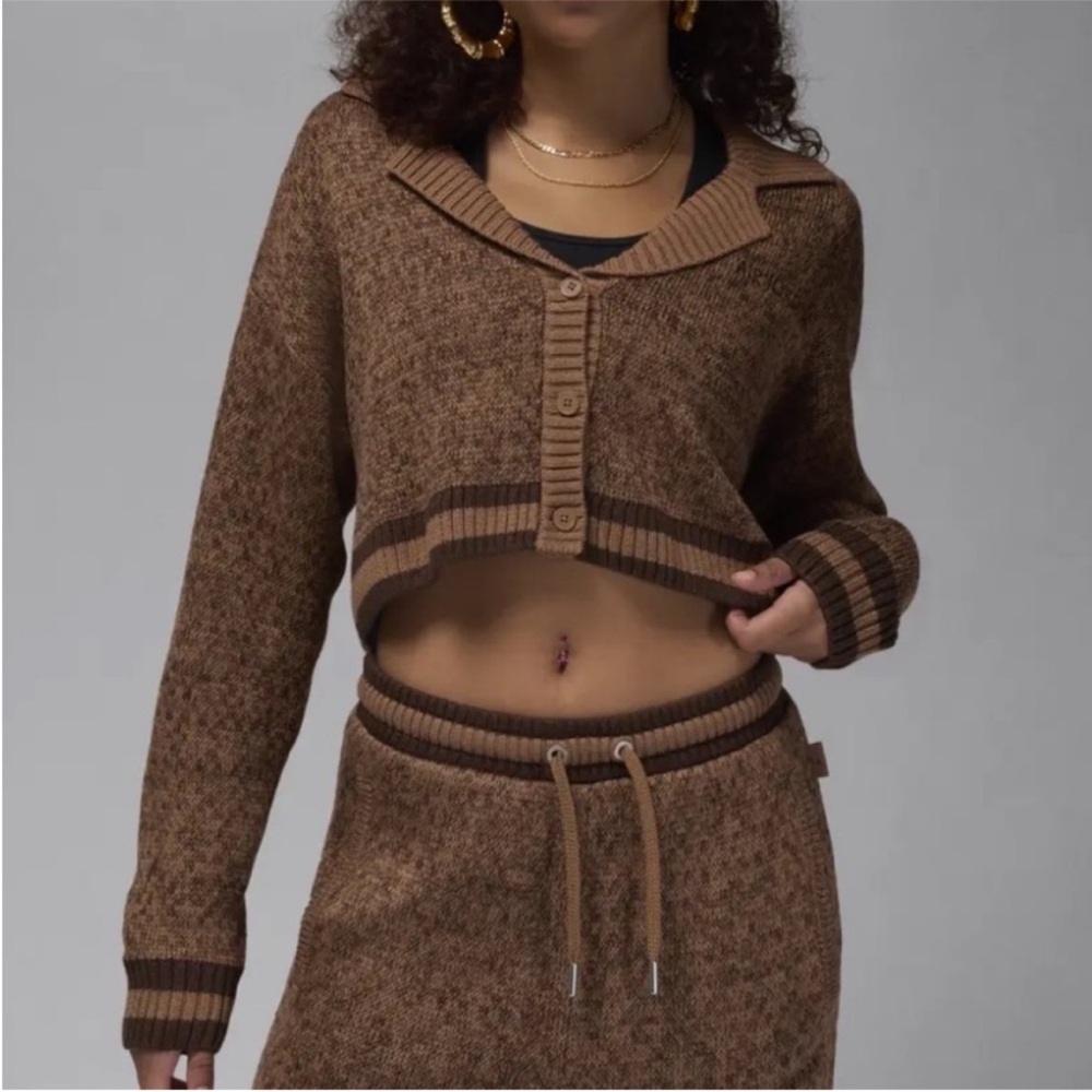 Jordan Small Sweater Air Knit Cardigan in Brown cropped linen blend collar NWT